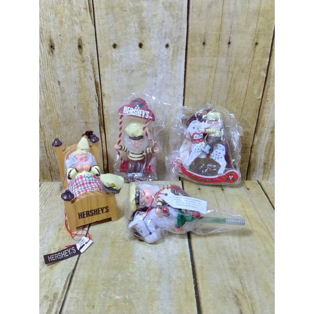 Lot of 4 Vintage Kurt Adler Hershey's Wooden Christmas Elf Ornaments 1988 1989